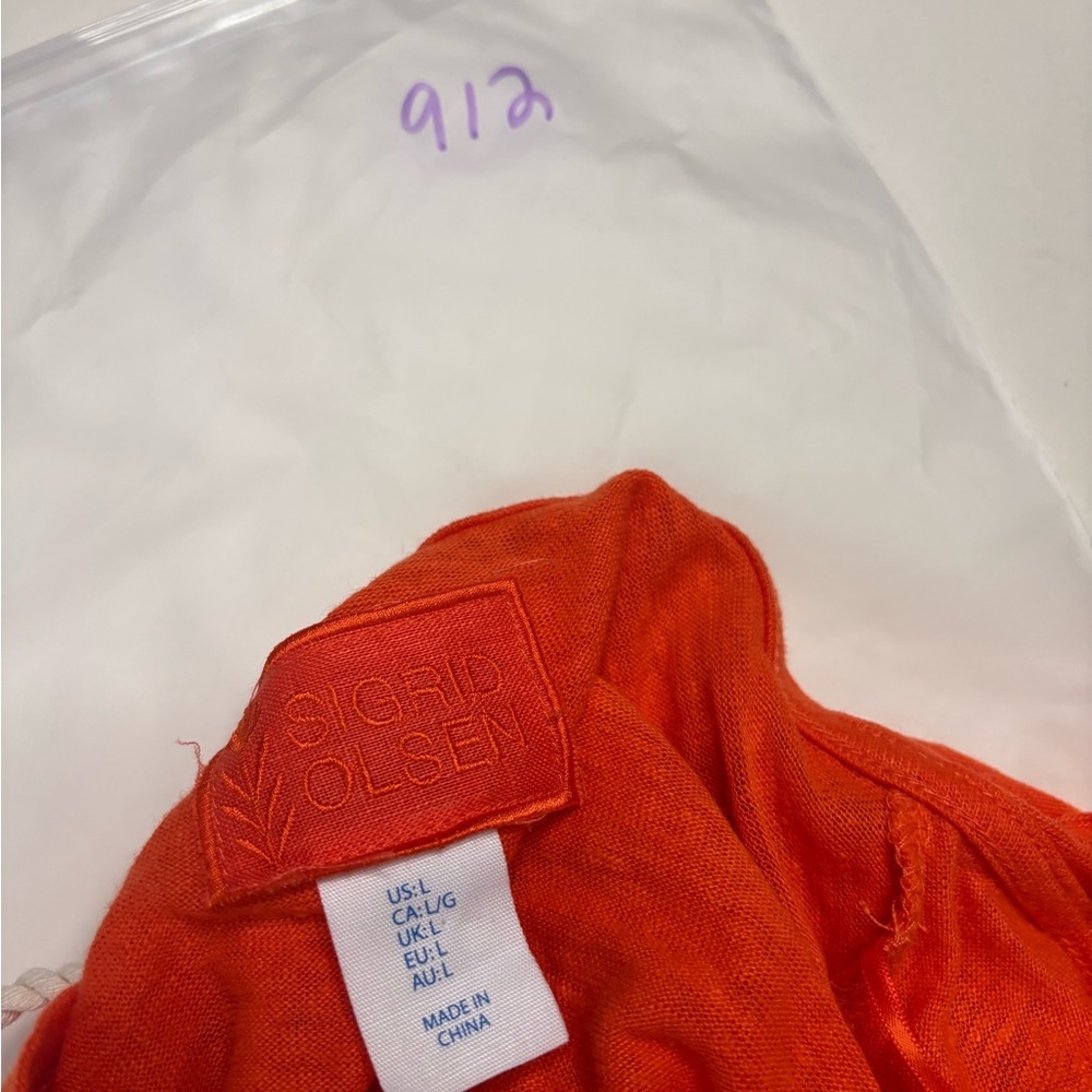 SIGRID OLSEN Orange Slub Knit 100% Linen V-Neck Tassel Tie Hoodie Top Size Large - Picture 7 of 8